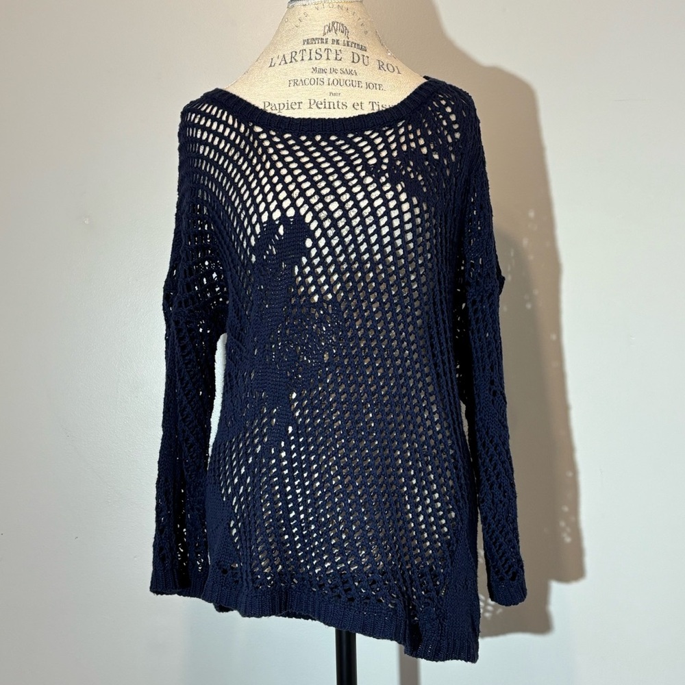 10 FEET Devoted To Design Navy Blue Open Knit/Fish Net Sweater Size L